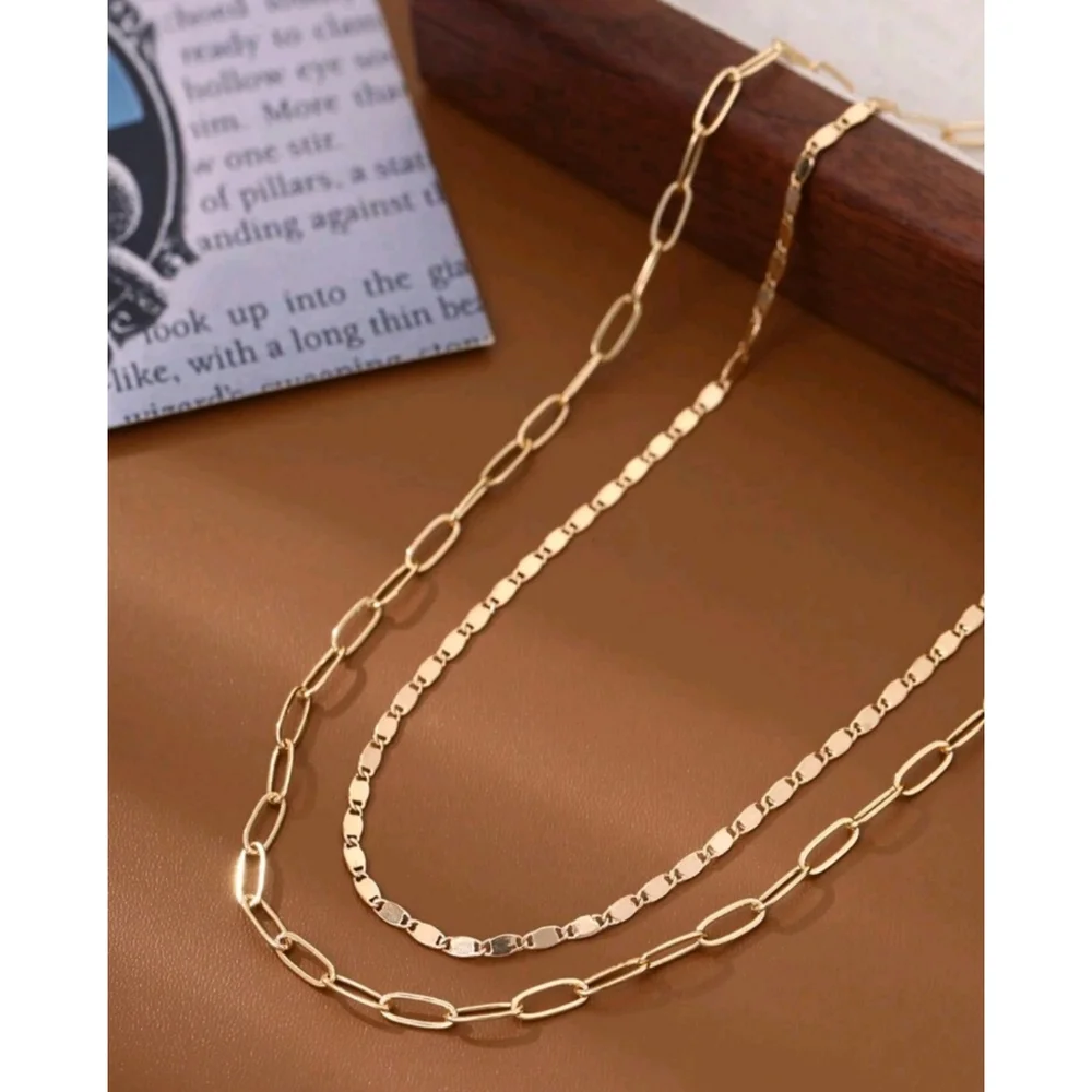 Jordan Dainty Minimalist Layered Paperclip *2* Chains Necklace - Picture 2 of 5